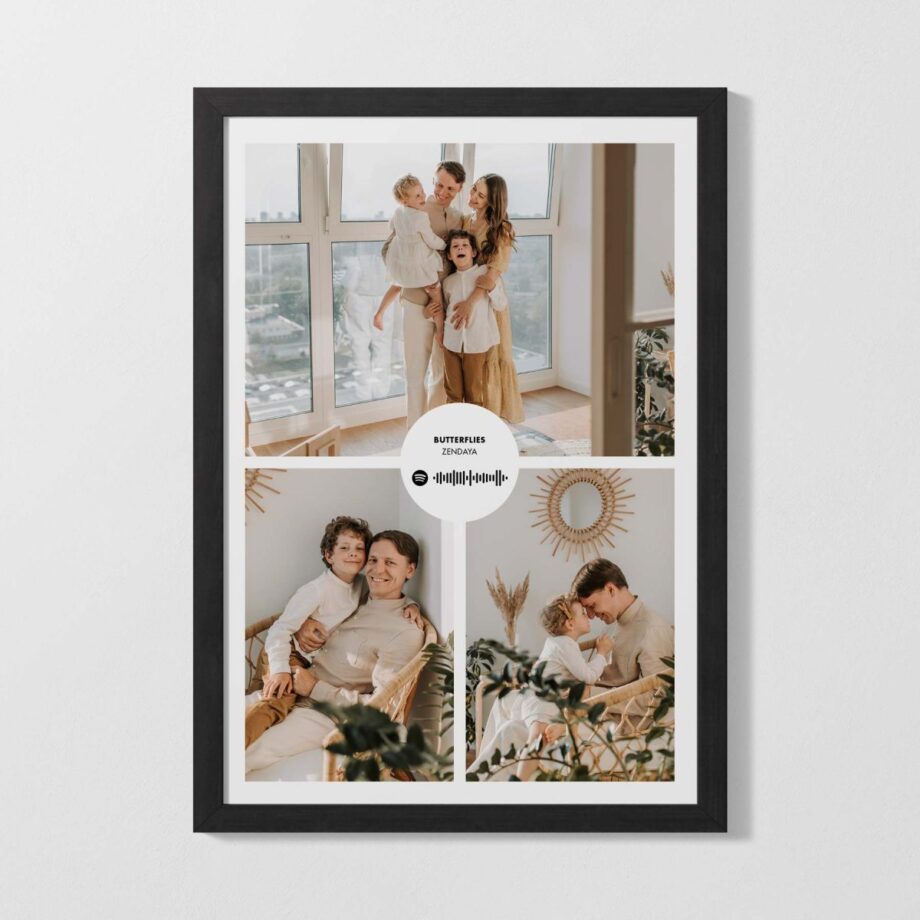 Lámina personalizada Canción, ¡Revive tus momentos más especiales con nuestra lámina personalizada de Canción!. ¿Recuerdas esa canción que bailaste en la primera cita?. La canción que sonaba en el coche cuando os disteis el primer beso, o la canción de la radio el día que nació tu bebé,… La vida está llena de grandes canciones con historias e historias que merecen una banda sonora completa. Regala la canción a esa historia tan especial y llena de historias esas canciones que tanto te gustan con una foto y un click. Con la lámina de fotos canción podrás reproducir una y otra vez esa canción y recordar ese momento tan especial al que te transporta. Tan solo sigue estos sencillos pasos para reproducir tu lámina de fotos canción: Abre la aplicación de Spotify Clica en el botón buscar y a continuación dale al botón de cámara Apunta con el móvil sobre el código de Spotify ¡Y listo! la canción se reproducirá instantaneamente El diseño con 1 foto será con el reproductor, nombre de la canción, el artista y el código de la canción. En la parte inferior. El diseño con 2, 3 o 4 fotos será solamente con nombre de la canción, el artista y el código de la canción. En la parte central. ¡Por fin podrás compartir tus recuerdos favoritos con esta preciosa lámina de fotos! Una historia, un momento, una canción. ¿Cómo suena tu momento más especial? Rellena los campos a continuación y nosotros crearemos ese código único que hará sonar vuestra canción preferida siempre que quieras.